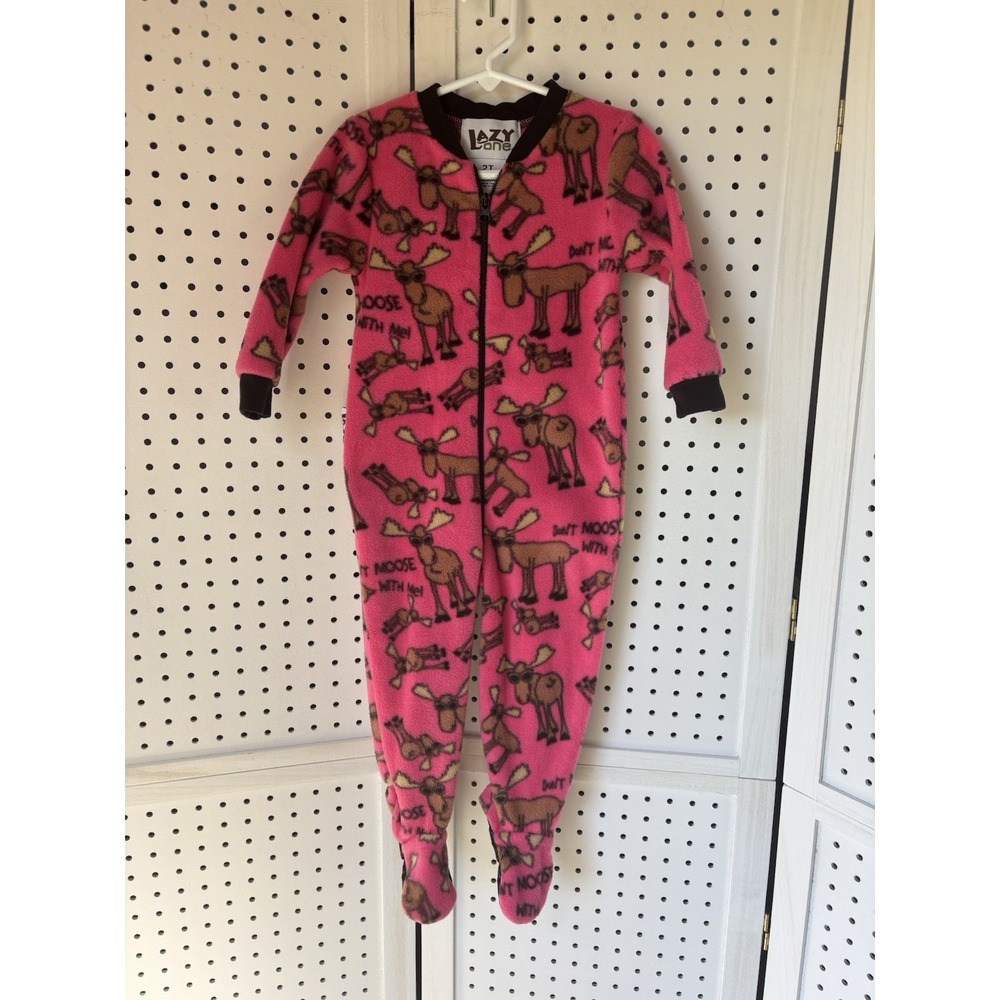 Lazy One Toddler Girl‎ 2T Moose Pink Fleece Flap Footed Pajamas Cozy Full Zip